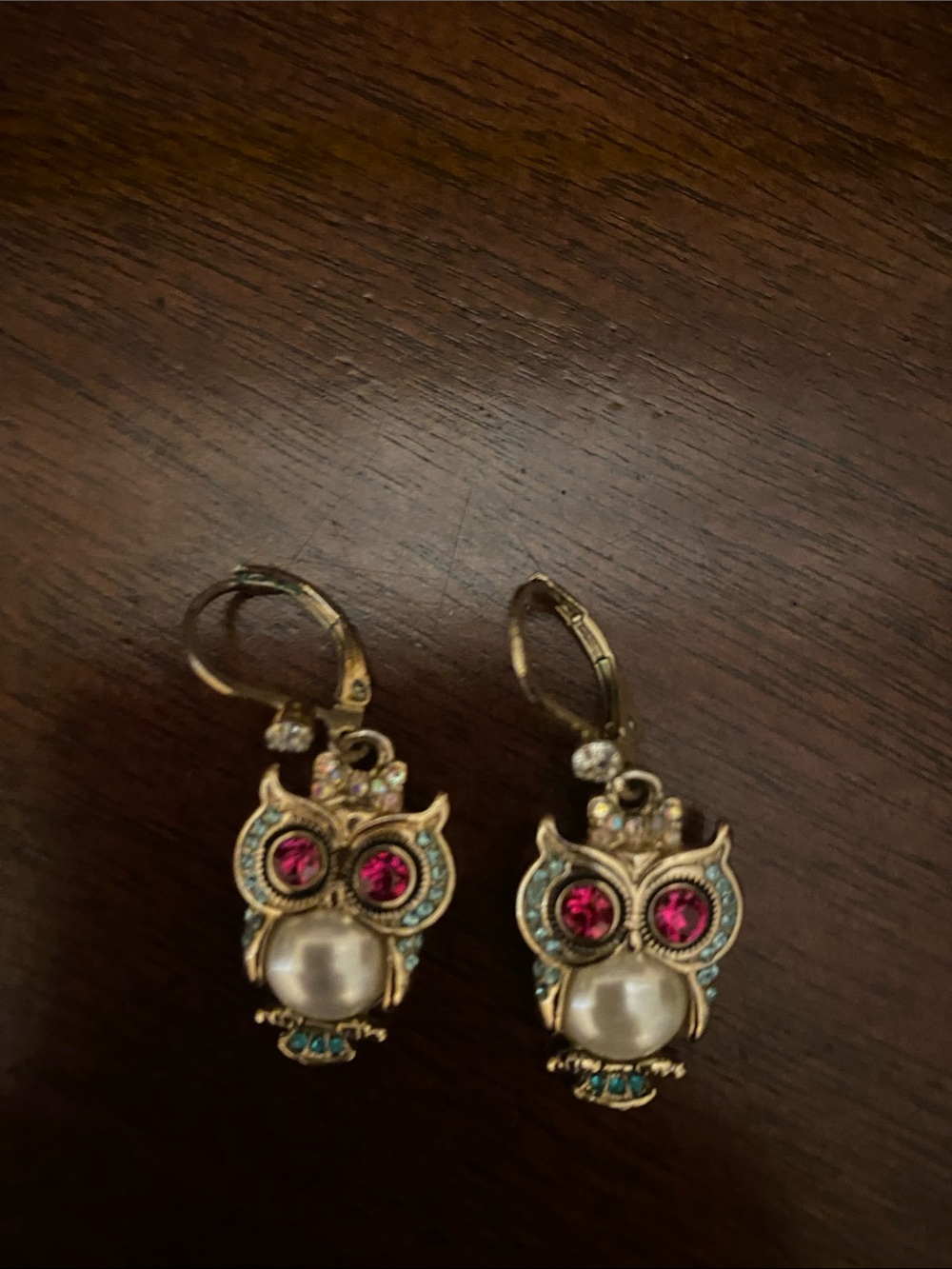 Gold-Tone Owl Drop Earrings with Pink Crystal Eyes and Pearl Accent